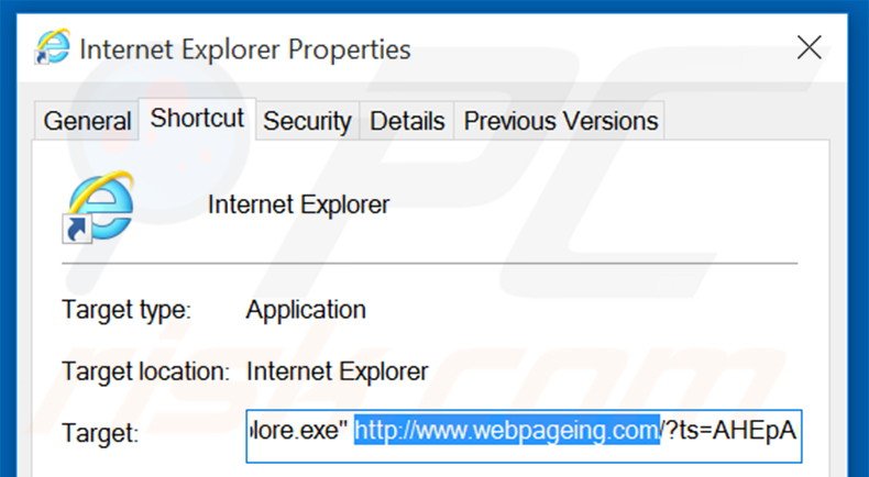 Removendo webpageing.com do atalho do Internet Explorer passo 2