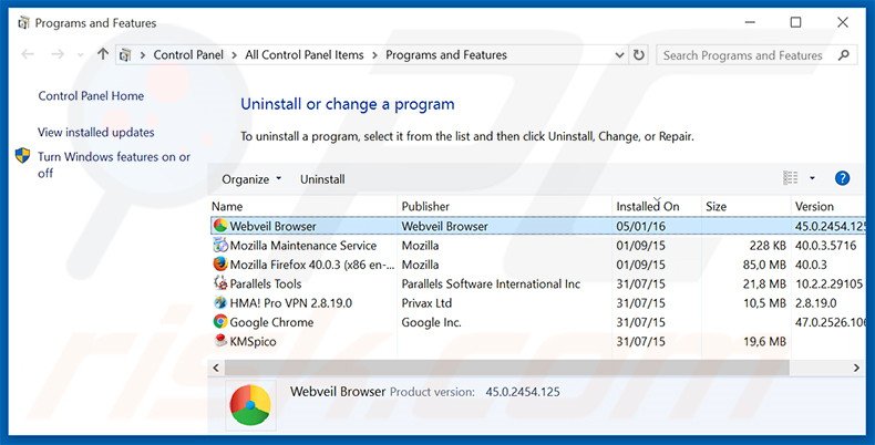 desinstalar o adware WebVeil via Painel de Controlo