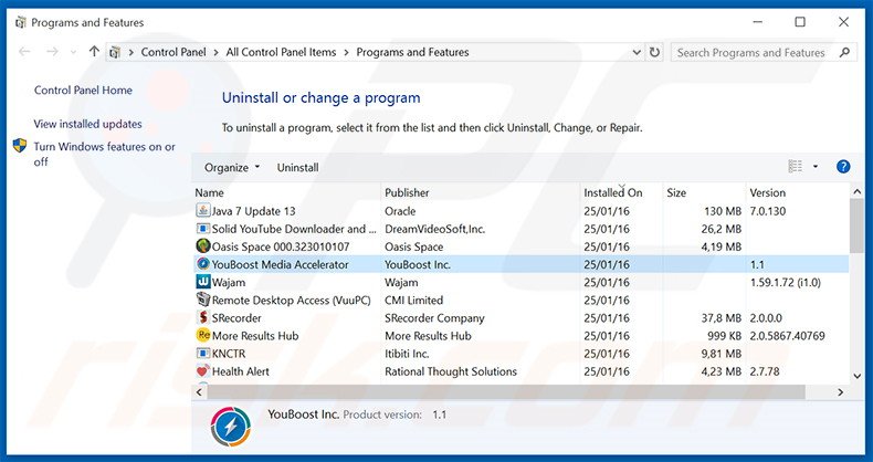 desinstalar o adware YouBoost via Painel de Controlo