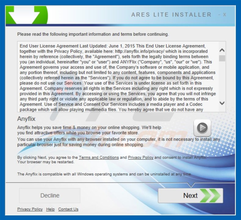 instalador do adware AnyFlix