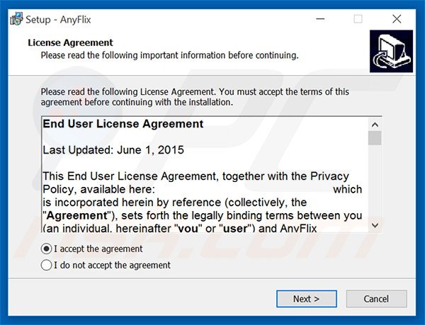 Configuração da instalação do adware oficial de AnyFlix
