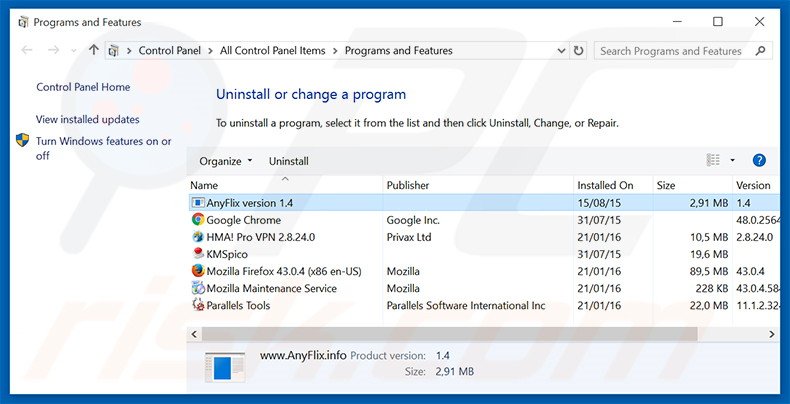 desinstalar o adware AnyFlix via Painel de Controlo