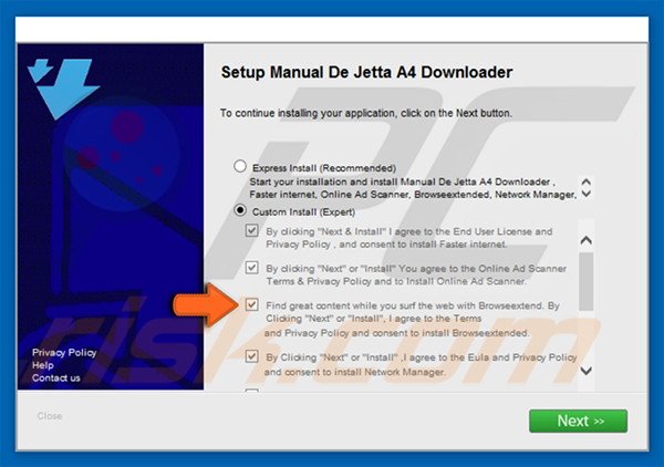 Configuração a distribuir o adware Browseextended