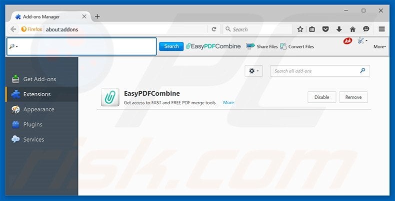 Removendo as extensões relacionadas a EasyPDFCombine do Mozilla Firefox