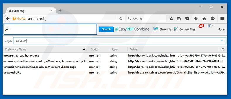 Removendo a página inicial EasyPDFCombine e motor de pesquisa padrão do Mozilla Firefox