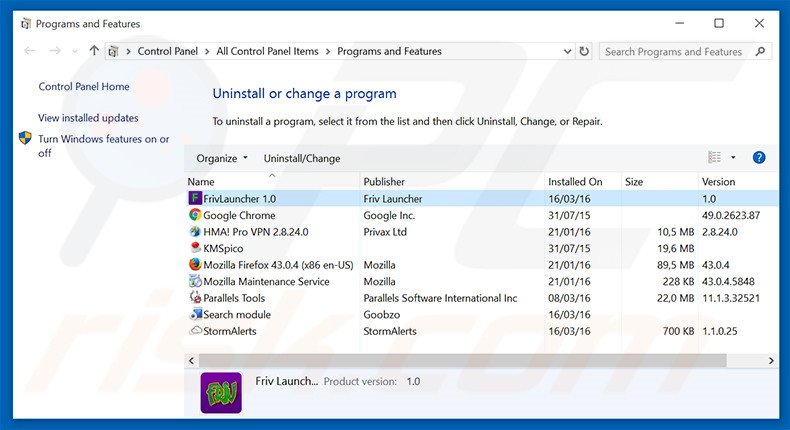 desinstalar o adware Friv Launcher via Painel de Controlo