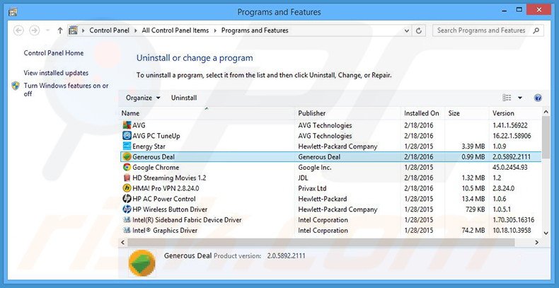 desinstalar o adware Generous Deal via Painel de Controlo