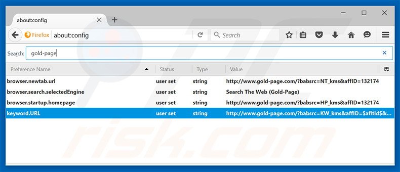 Removendo a página inicial gold-page.com e motor de busca padrão do Mozilla Firefox