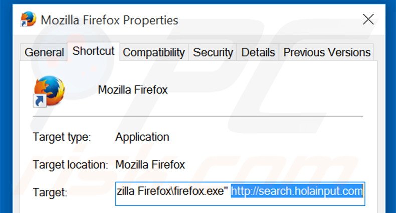 Removendo search.holainput.com do atalho do Mozilla Firefox passo 2
