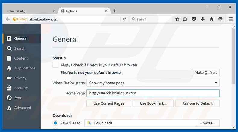 Removendo a página inicial search.holainput.com do Mozilla Firefox