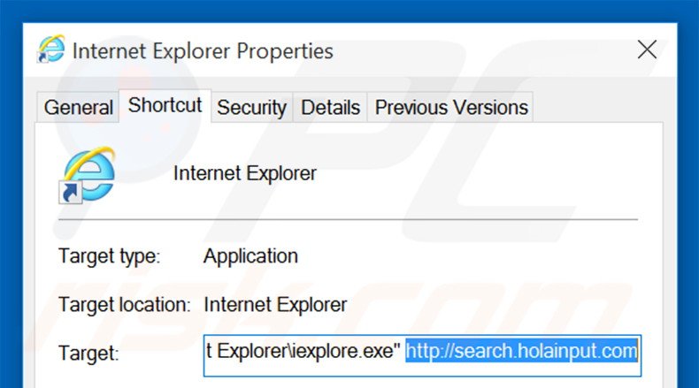 Removendo search.holainput.com do atalho do Internet Explorer passo 2