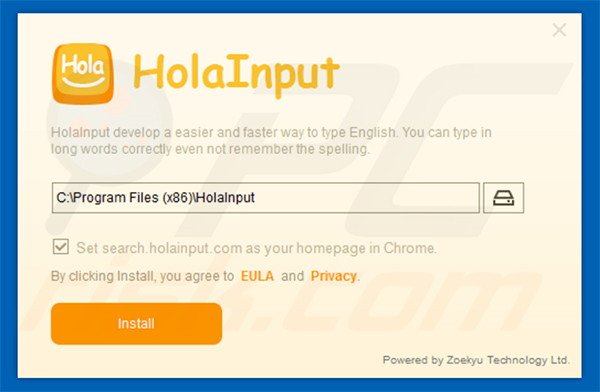 Configuração da instalação do sequestrador de navegador oficial HolaInput