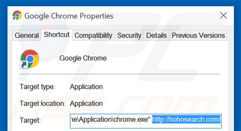Removendo hohosearch.com do atalho do Google Chrome passo 2