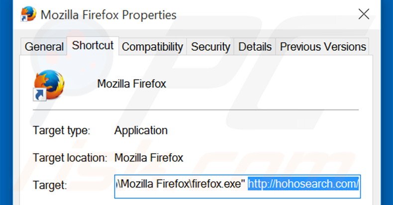 Removendo hohosearch.com do atalho do Mozilla Firefox passo 2