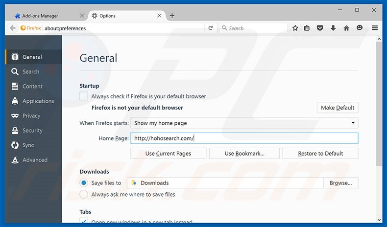Removendo a página inicial hohosearch.com do Mozilla Firefox