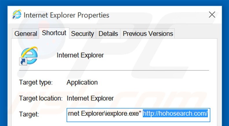 Removendo hohosearch.com do atalho do Internet Explorer passo 2