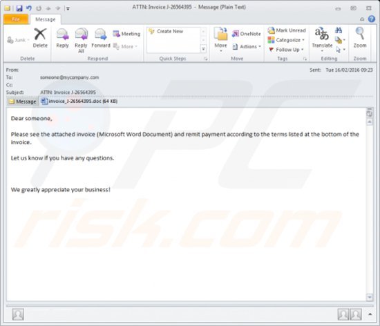 anexo de email infectado a distribuir o ransomware Locky