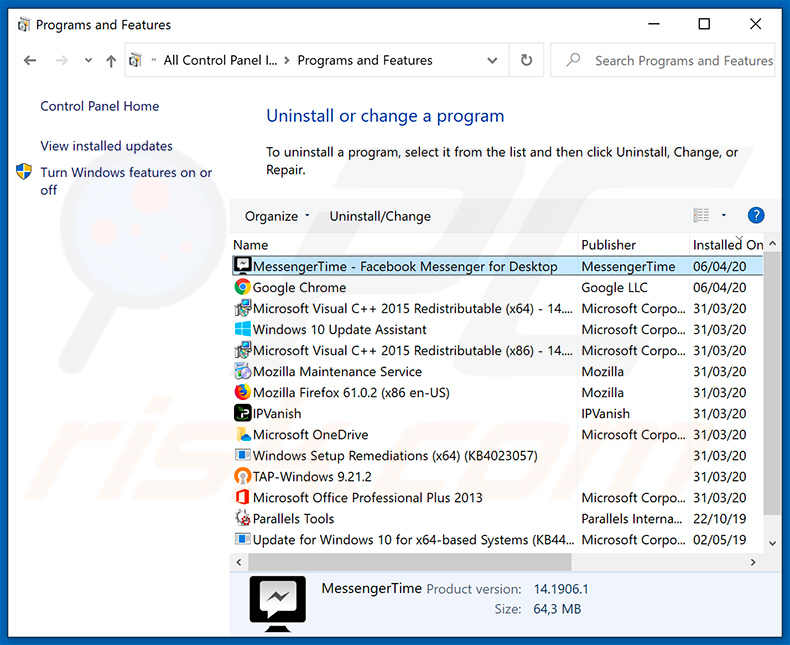 Desinstalação do adware MestengerTime via painel de controlo