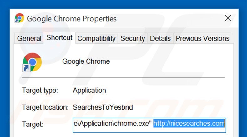 Removendo nicesearches.com do atalho do Google Chrome passo 2