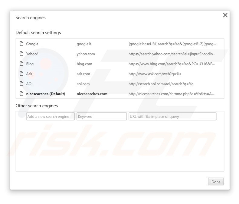 Removendo nicesearches.com do motor de busca padrão do Google Chrome