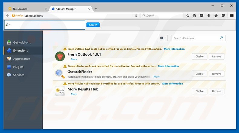 Removendo as extensões relacionadas a nicesearches.com do Mozilla Firefox