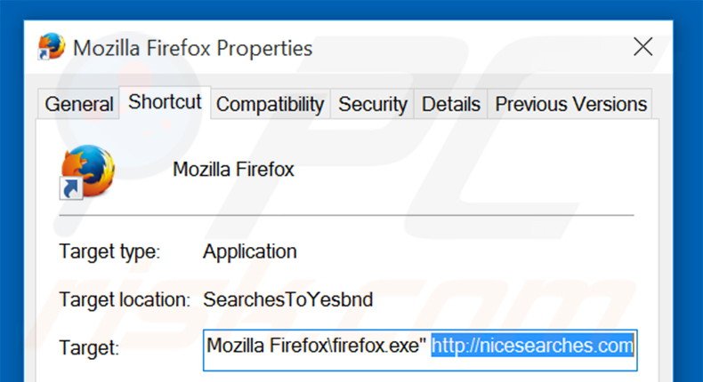 Removendo nicesearches.com do atalho do Mozilla Firefox passo 2