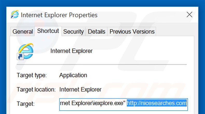 Removendo nicesearches.com do atalho do Internet Explorer passo 2