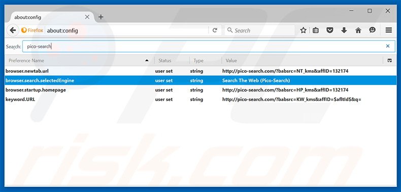 Removendo a página inicial pico-search.com e motor de busca padrão do Mozilla Firefox