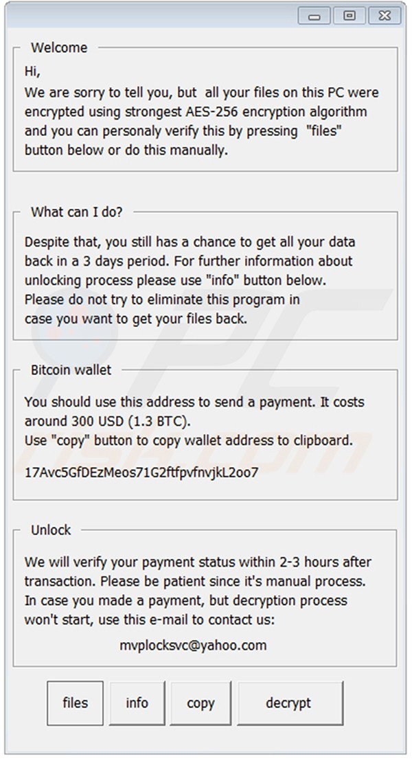 Mensagem pop-up do ransomware RackCrypt
