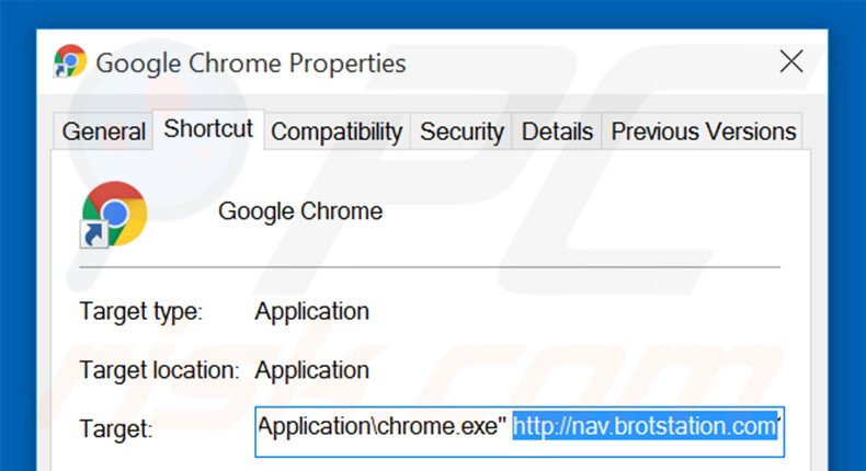 Removendo nav.brotstation.com do atalho do Google Chrome passo 2