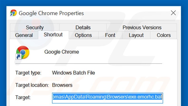 Removendo stadsear.com do atalho do Google Chrome passo 2
