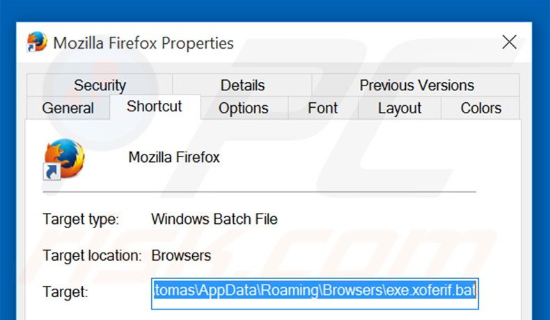 Removendo stadsear.com do atalho do Mozilla Firefox passo 2