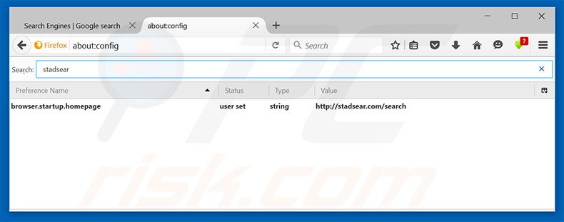 Removendo a página inicial stadsear.com e motor de busca padrão do Mozilla Firefox