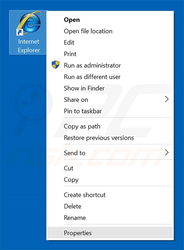 Removendo stadsear.com do atalho do Internet Explorer passo 1