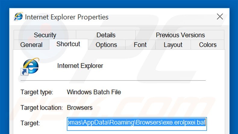 Removendo stadsear.com do atalho do Internet Explorer passo 2