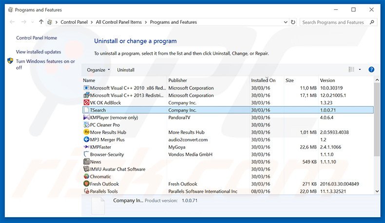 desinstalar o sequestrador de navegador stadsear.com via Painel de Controlo