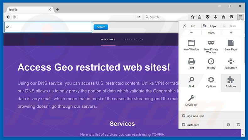 Removendo os anúncios TopFlix do Mozilla Firefox passo 1