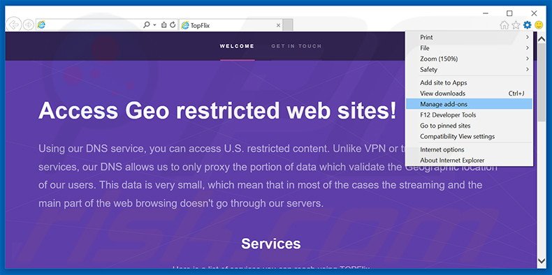 Removendo os anúncios TopFlix do Internet Explorer passo 1