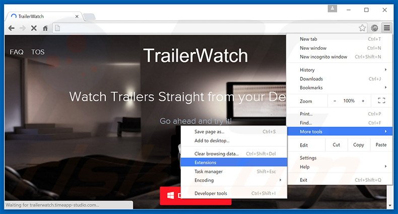 Removendo os anúncios TrailerWatch do Google Chrome passo 1