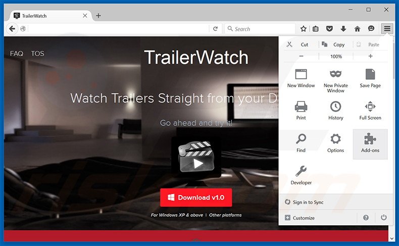 Removendo os anúncios TrailerWatch do Mozilla Firefox passo 1