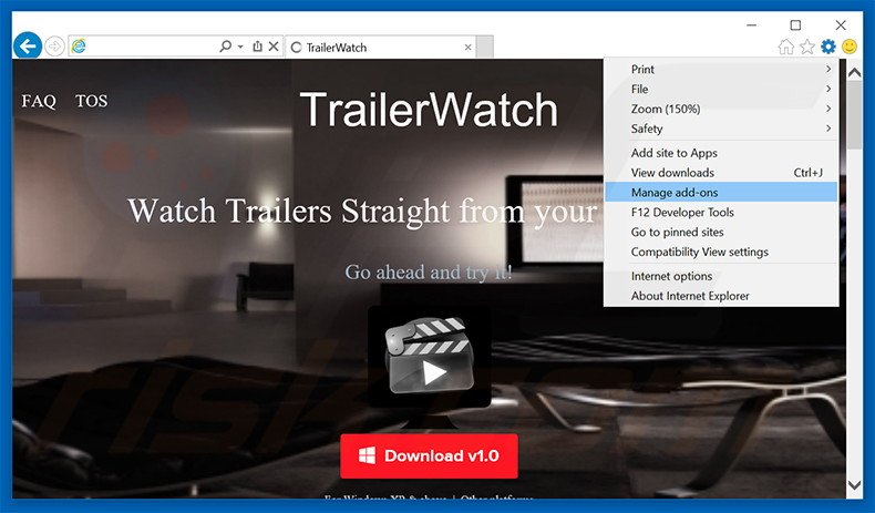Removendo os anúncios TrailerWatch do Internet Explorer passo 1