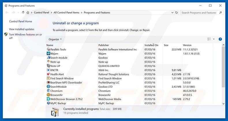 desinstalar o adware TrailerWatch via Painel de Controlo