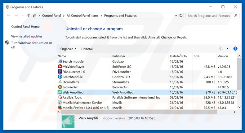 desinstale o adware Web Amplified através do Painel de Controlo