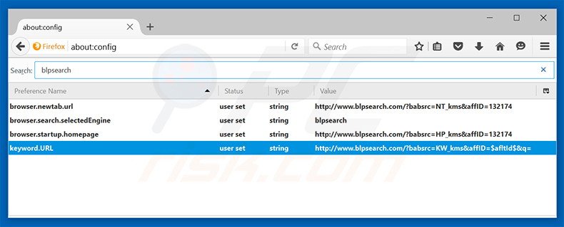 Removendo a página inicial blpsearch.com e motor de busca padrão do Mozilla Firefox