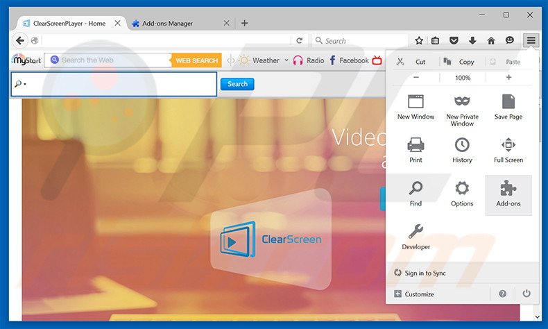 Removendo os anúncios ClearScreen Player do Mozilla Firefox passo 1