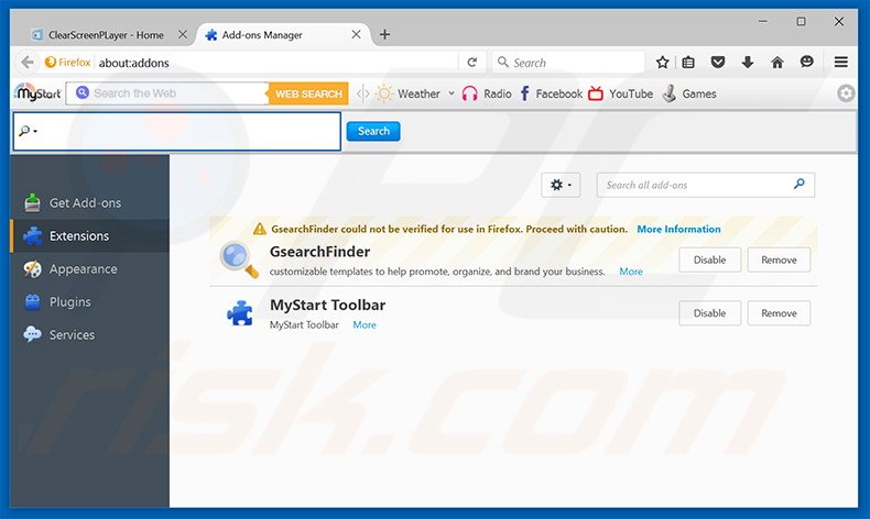 Removendo os anúncios ClearScreen Player do Mozilla Firefox passo 2