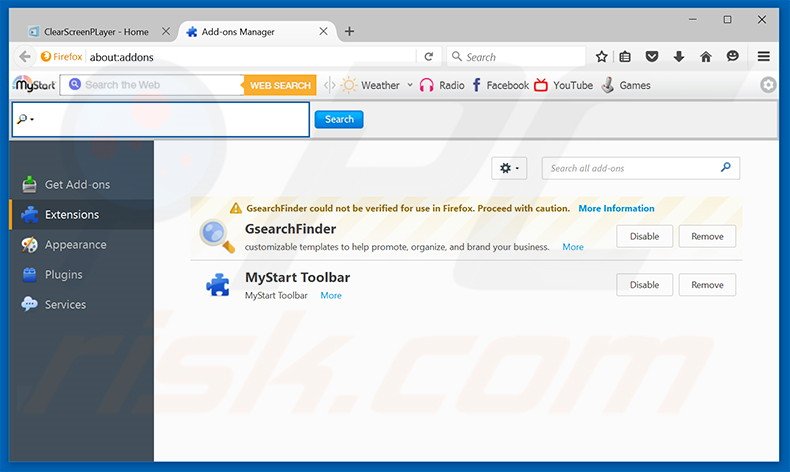 Removendo os anúncios ClearScreen Player do Mozilla Firefox passo 2