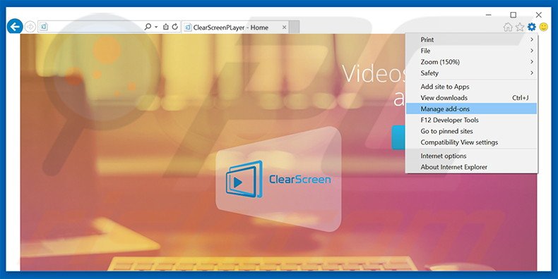 Removendo os anúncios ClearScreen Player do Internet Explorer passo 1