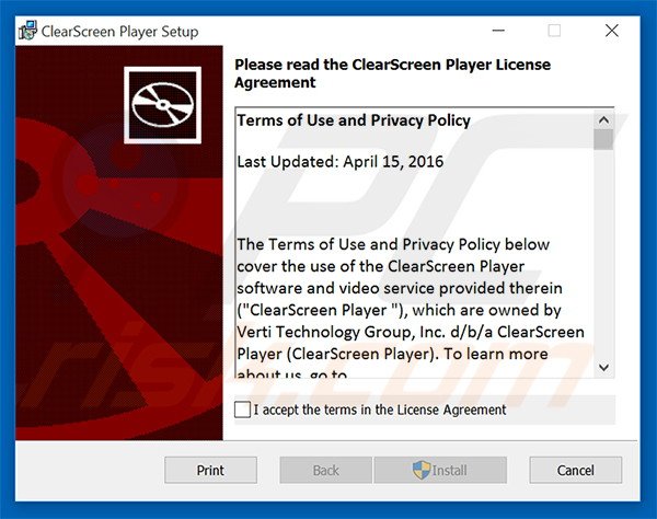 Configuração da instalação do adware oficial de ClearScreen Player