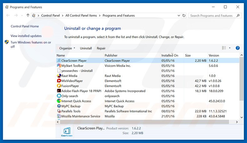 desinstalar o adware ClearScreen Player via Painel de Controlo